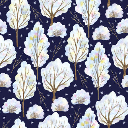Seamless pattern with snow trees and bushes on dark blue background. Watercolor hand painted illustration. Winter designの写真素材