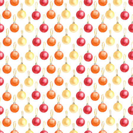 Watercolor seamless pattern with shining red, yellow and orange Christmas baubles, ornaments or balls on white. Beautiful Xmas and New Year textile. Great for fabrics, wrapping papers, covers.の写真素材
