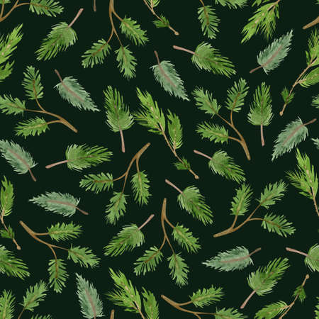 Watercolor seamless pattern with green pine tree branches on dark green background. Great for fabrics, wrapping papers.の写真素材