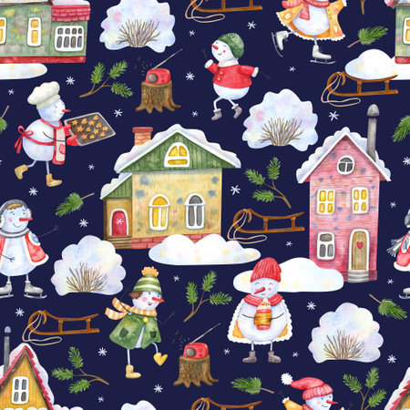 Seamless pattern with cheerful snowmen playing in village outdoor on dark blue background. Watercolor hand painted illustration. Winter design.の写真素材