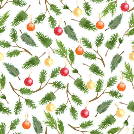 Watercolor seamless pattern with shining Christmas baubles, ornaments and green pine tree branches on white. Beautiful Xmas and New Year textile. Great for fabrics, wrapping papersの写真素材