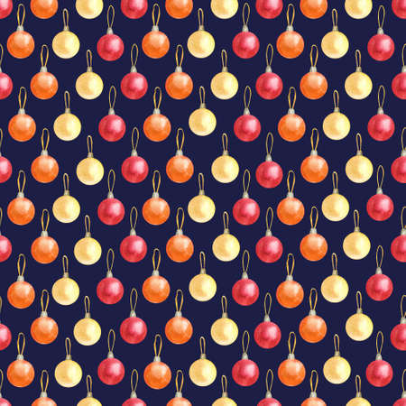 Watercolor seamless pattern with shining red, yellow and orange Christmas baubles, ornaments or balls on deep blue. Beautiful Xmas and New Year textile. Great for fabrics, wrapping papers, covers.の写真素材