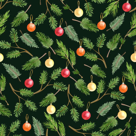 Watercolor seamless pattern with Christmas baubles, ornaments and green pine tree branches on dark green. Beautiful Xmas and New Year textile. Great for fabrics, wrapping papersの写真素材