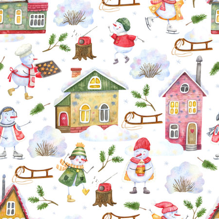Seamless pattern with cheerful snowmen playing in village outdoor on white background. Watercolor hand painted illustration. Winter design.の写真素材
