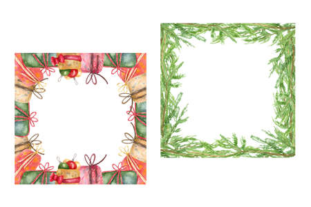 Watercolor square frames with fir tree branches and gift boxes. Hand painted illustration on white. Great for greeting cards, invitation, blog decoration.の写真素材