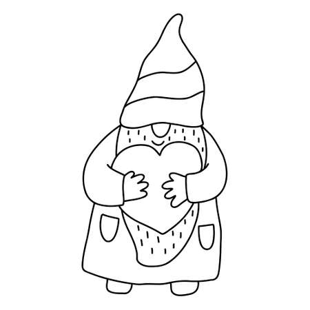Smiling gnome with a heart. Funny character. Doodle hand drawn vector illustration isolated on white. Great for coloring books, Valentine's day cards.のイラスト素材