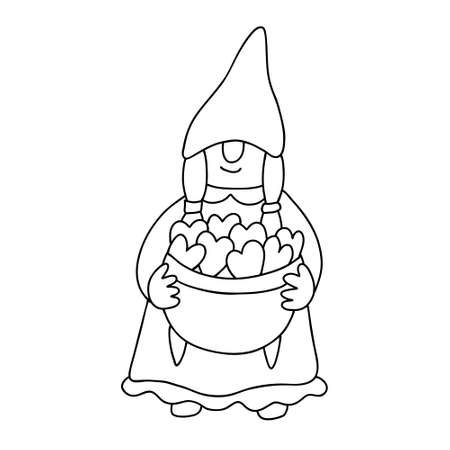 Smiling gnome with a bowl full of hearts. Funny character. Doodle hand drawn vector illustration isolated on white. Great for coloring books, Valentine's day cards.のイラスト素材