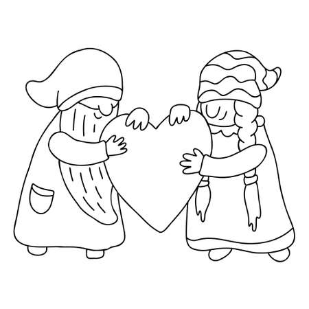 Couple of gnomes with a heart. Funny characters. Doodle hand drawn vector illustration isolated on white. Great for coloring books, Valentine's day cards.のイラスト素材