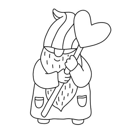 Gnome with heart shaped lollipop. Funny character. Doodle hand drawn vector illustration isolated on white. Great for coloring books, Valentine's day cards.のイラスト素材
