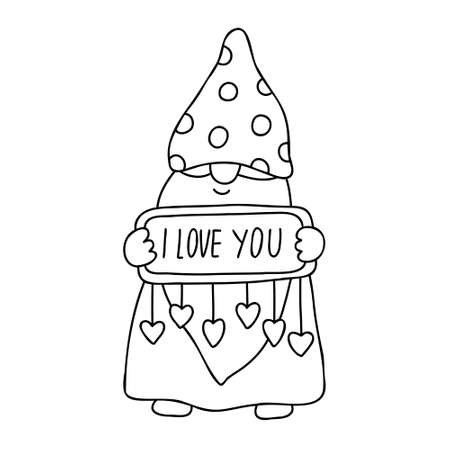 Smiling gnome with a sign I love you. Funny character. Doodle hand drawn vector illustration isolated on white. Great for coloring books, Valentine's day cards.のイラスト素材