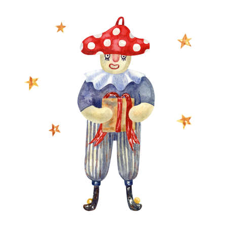Fly agaric vintage Christmas ornament or toy with gift box. Watercolor hand painted illustration on white. Funny male character. Great Xmas decoration. Bright colors.の写真素材