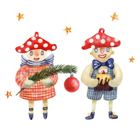 Fly agaric vintage Christmas ornaments or toys. Watercolor hand painted illustration on white. Funny kids characters with fir branch and cake. Great Xmas decoration. Bright colors.の写真素材