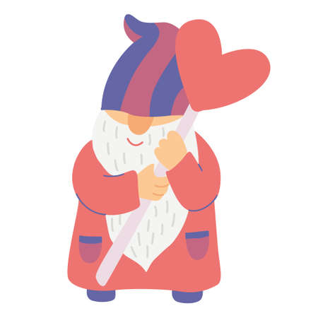 Gnome with heart shaped lollipop. Funny character. Hand drawn flat vector illustration isolated on white. Great for Valentine's day cards. Lilac, purple and red colors.のイラスト素材