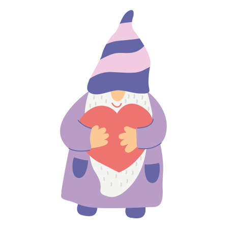 Smiling cute gnome with a heart. Funny character. Hand drawn flat vector illustration isolated on white. Great for Valentine's day cards. Lilac, purple and red colors.のイラスト素材