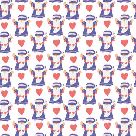 Vector seamless pattern with gnomes with hearts garland on white. Great for fabrics, Valentine's day wrapping papers.のイラスト素材