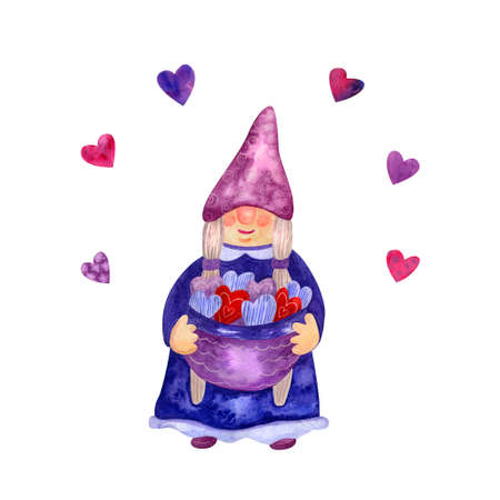 Smiling gnome with a bowl full of hearts. funny character. Hand painted watercolor illustration isolated on white. Great for Valentine's day cards. Lilac, purple and red colors.の写真素材