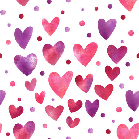 Watercolor seamless pattern with hearts on white background. Great for fabrics, wrapping papers, wallpapers, covers. Hand painted illustration. Purple and pink colors.の写真素材