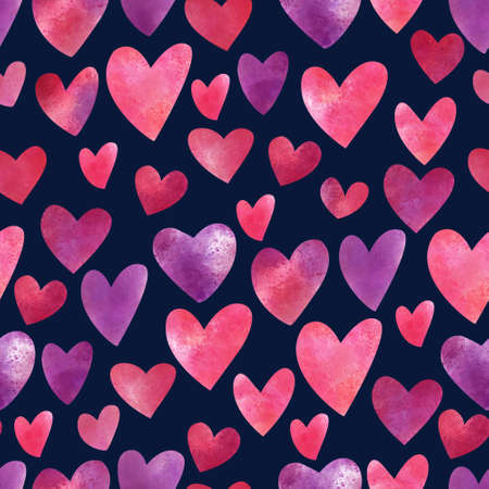 Watercolor seamless pattern with hearts on navy blue background. Great for fabrics, wrapping papers, wallpapers, covers. Hand painted illustration. Purple and pink colors.の写真素材