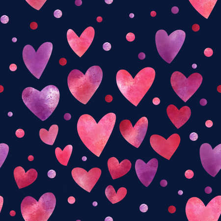Watercolor seamless pattern with hearts on navy blue background. Great for fabrics, wrapping papers, wallpapers, covers. Hand painted illustration. Purple and pink colors.の写真素材