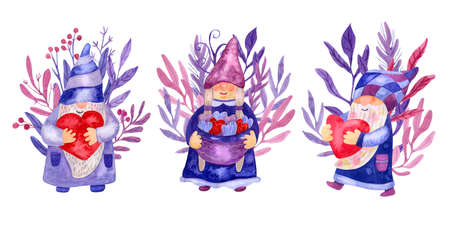 Beautiful gnomes with hearts decorated with beautiful leaves. Hand painted watercolor illustration isolated on white. Great for Valentine's day cards, t-shirts design. Lilac, purple and red colors.の写真素材
