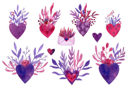 Set with beautiful hearts decorated with flowers, leaves and berries. Hand painted watercolor illustration isolated on white. Great for wedding, Valentine's day cards. Lilac, purple and red colors.の写真素材