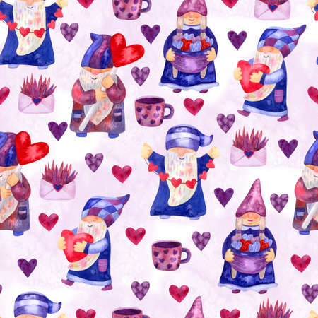 Watercolor seamless pattern with lovely gnomes and Valentines day decorations on pink background. Beautiful textile print. Great for fabrics, wrapping papers. Pink, blue and purple colors.の写真素材