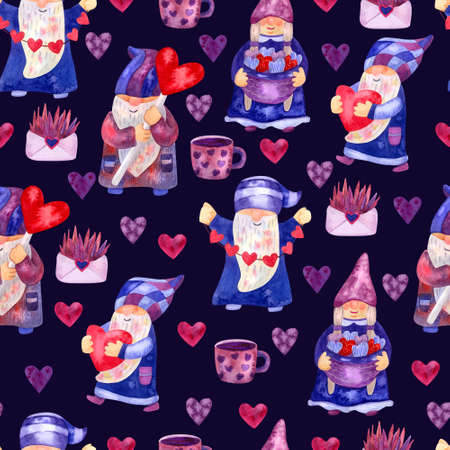 Watercolor seamless pattern with lovely gnomes and Valentines day decorations on dark background. Beautiful textile print. Great for fabrics, wrapping papers. Pink, blue and purple colors.の写真素材
