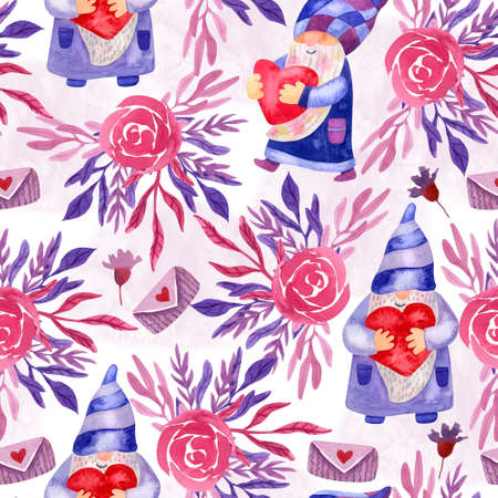 Watercolor seamless pattern with lovely gnomes with hearts and roses on white background. Beautiful textile print. Great for fabrics, wrapping papers, linens. Pink and purple colors.の写真素材