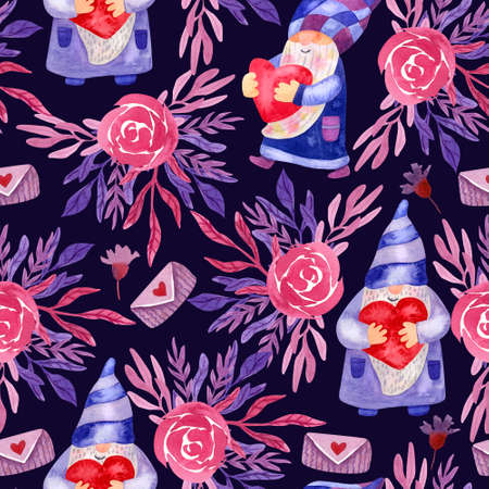 Watercolor seamless pattern with lovely gnomes with hearts and roses on dark background. Beautiful textile print. Great for fabrics, wrapping papers, linens. Pink and purple colors.の写真素材
