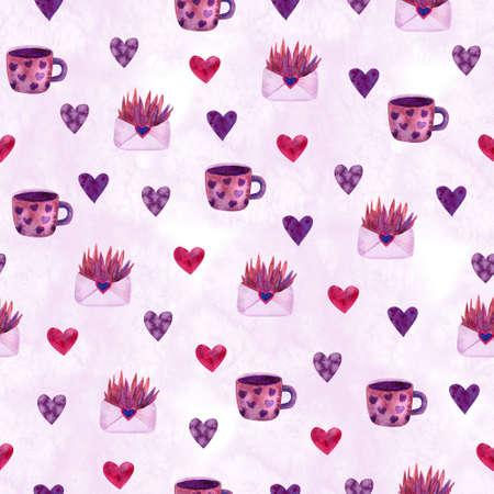 Watercolor seamless pattern with mugs, love letters, envelopes and hearts on white background. Beautiful textile print. Great for fabrics, wrapping papers, linens. Pink and purple colors.の写真素材