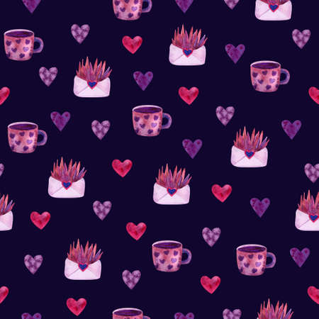 Watercolor seamless pattern with mugs, love letters, envelopes and hearts on dark blue background. Beautiful textile print. Great for fabrics, wrapping papers, linens. Pink and purple colors.の写真素材