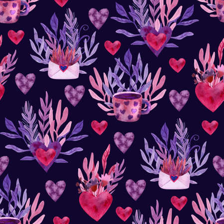 Watercolor seamless pattern with mugs, envelopes and hearts decorated with floral elements on dark. Beautiful textile print. Great for fabrics, wrapping papers, linens. Pink and purple colors.の写真素材