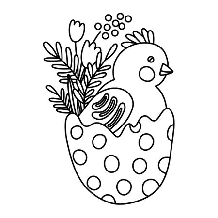 Cute little chicken egg decorated with spring flowers. Great for Easter greeting cards, coloring books. Doodle hand drawn illustration black outline.のイラスト素材