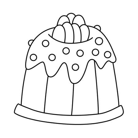 Easter cake decorated with little eggs, glaze and jelly beans in doodle style. Great for Easter greeting cards, coloring books. Hand drawn vector illustration black outline.のイラスト素材