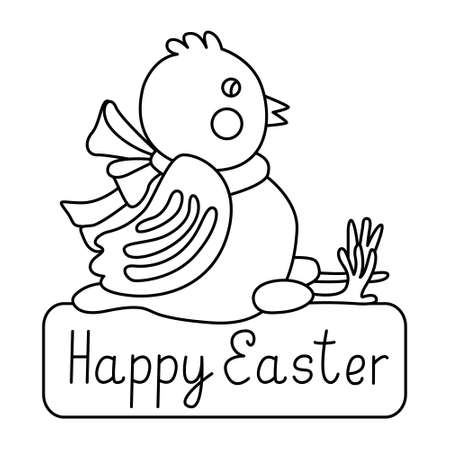 A cute sitting little chicken with a big ribbon bow isolated on white background. Great for Easter greeting cards, coloring books. Doodle hand drawn style, black outline. Happy Easter lettering.のイラスト素材
