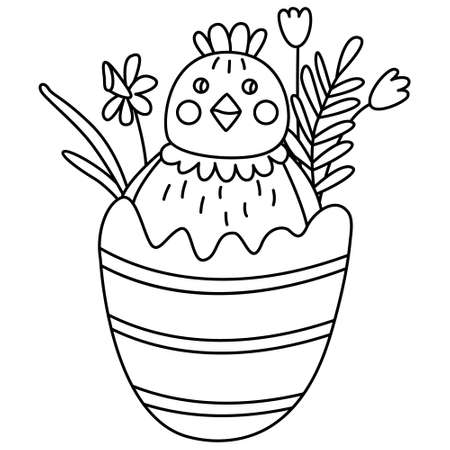 Cute little chicken egg decorated with spring flowers. Great for Easter greeting cards, coloring books. Doodle hand drawn illustration black outline.のイラスト素材