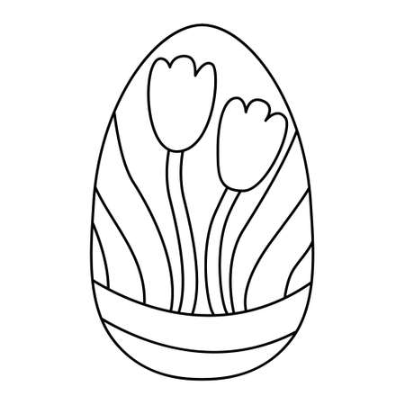 Cute egg decorated with spring tulip flowers. Great for Easter greeting cards, coloring books. Doodle hand drawn illustration black outline.のイラスト素材