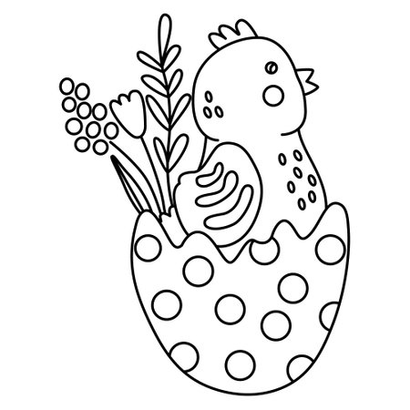 Cute little chicken egg decorated with spring flowers. Great for Easter greeting cards, coloring books. Doodle hand drawn illustration black outline.のイラスト素材