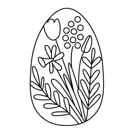 Cute egg decorated with mimosa and tulip spring flowers. Great for Easter greeting cards, coloring books. Doodle hand drawn illustration black outline.のイラスト素材