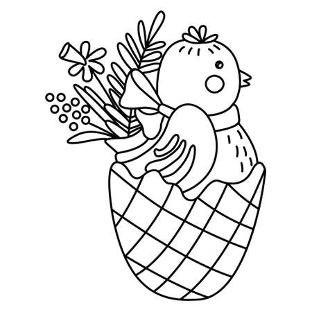 Cute little chicken egg decorated with spring flowers. Great for Easter greeting cards, coloring books. Doodle hand drawn illustration black outline.のイラスト素材