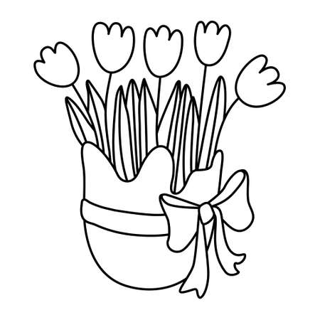 Eggshell with spring tulip flowers decorated with bow ribbon. Great for Easter greeting cards, coloring books. Doodle hand drawn illustration black outline.のイラスト素材
