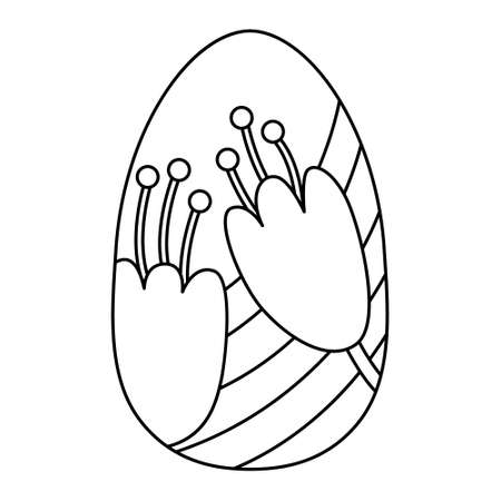 Cute egg decorated with spring tulip flowers. Great for Easter greeting cards, coloring books. Doodle hand drawn illustration black outline.のイラスト素材