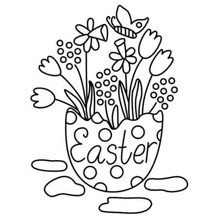 Eggshell with spring flowers and butterfly. Great for Easter greeting cards, coloring books. Doodle hand drawn illustration black outline.のイラスト素材