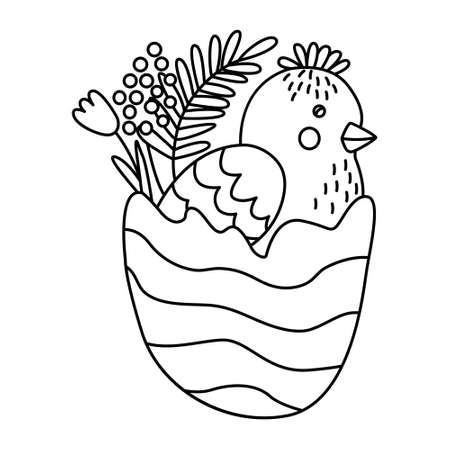 Cute little chicken egg decorated with spring flowers. Great for Easter greeting cards, coloring books. Doodle hand drawn illustration black outline.のイラスト素材