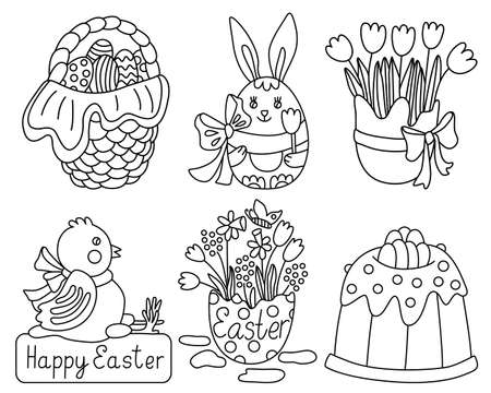 Set with Easter decorations. Basket full of eggs, little chicken, cake, spring flowers in eggshell. Great for greeting cards, coloring books. Doodle hand drawn illustration black outline.のイラスト素材