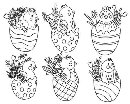 Set with cute little chickens in eggs decorated with spring flowers. Great for Easter greeting cards, coloring books. Doodle hand drawn illustration black outline.のイラスト素材