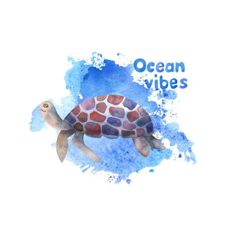 Ocean vibes watercolor poster with hand painted sea turtle and blue splash. Hand painted illustration isolated on white. ocean animal theme. T-shirt design.の写真素材