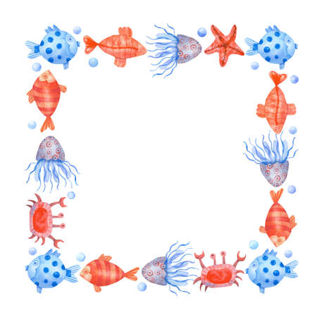 Watercolor hand painted square frame with colorful fishes, crab, jellyfish and bubbles isolated on white. ocean life sea animals illustration. Blue and coral colors.の写真素材