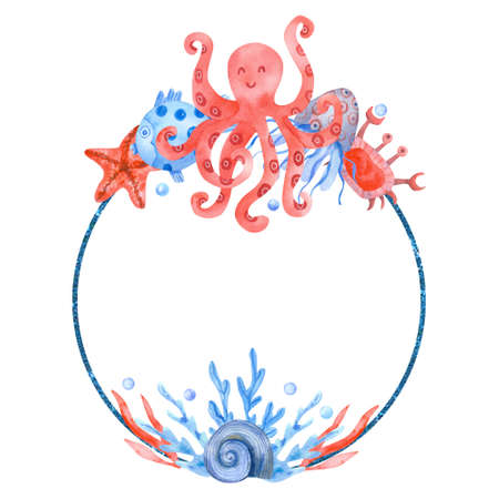 Watercolor hand painted round frame with colorful sea animals and seaweed isolated on white. Octopus, crab, starfish and fish. ocean life sea animals illustration. Blue and coral colors. kids design.の写真素材