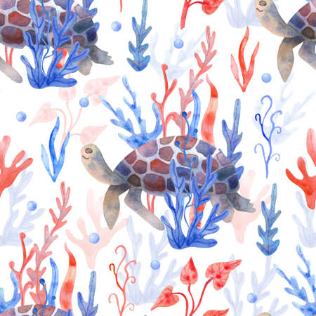 Watercolor seamless pattern with turtles and seaweeds on white background. Underwater life hand painted illustration. Red and blue colors. Beautiful textile print.の写真素材